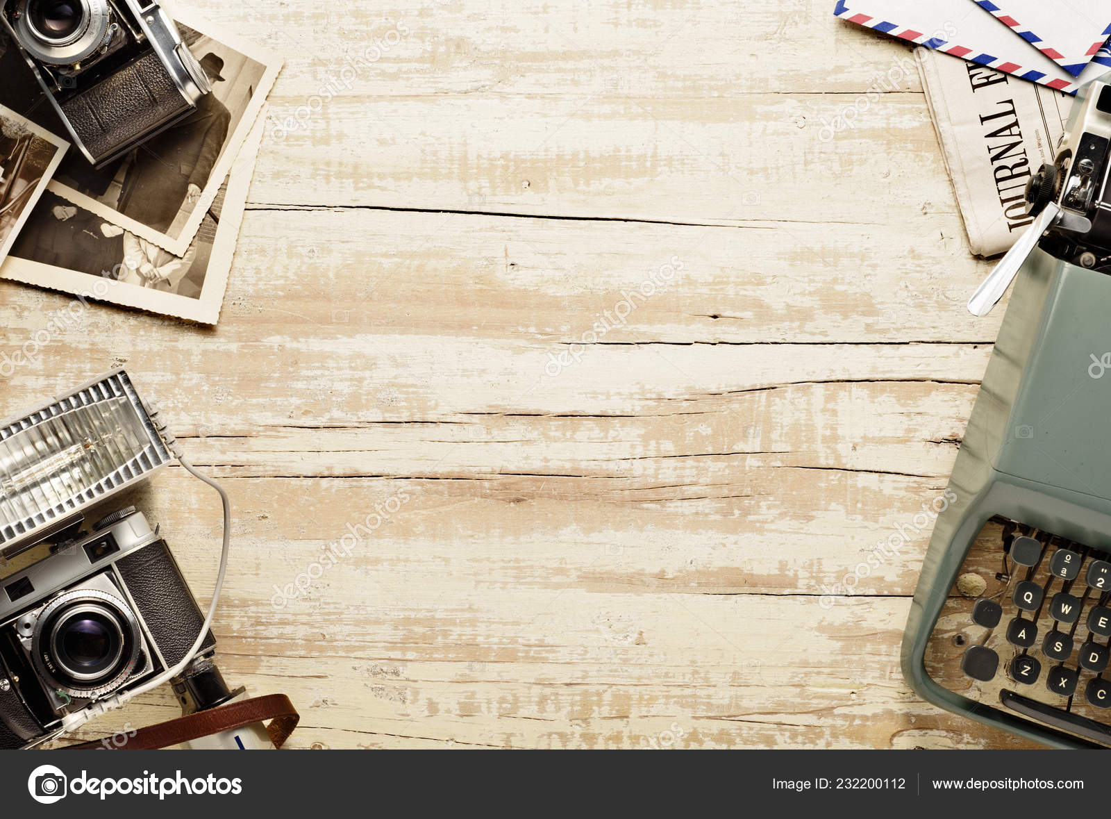 Vintage Journalism Table Top View Background Stock Photo by