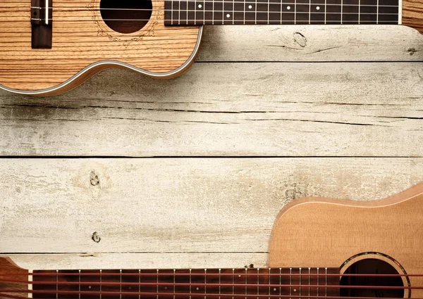 Ukuleles Houten Tafel Bovenaanzicht Muziek Levende Achtergrond — Stockfoto