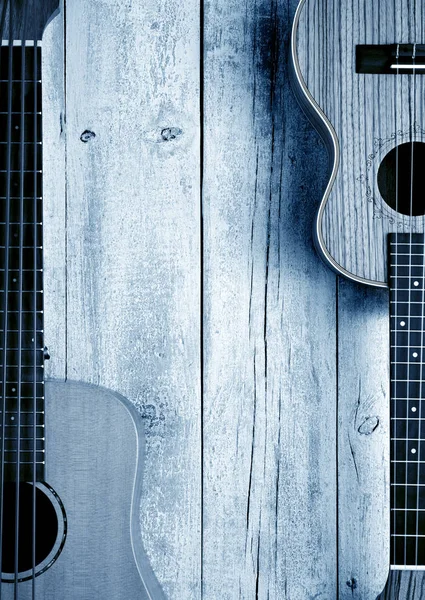 Ukuleles Houten Tafel Bovenaanzicht Muziek Blauwe Levende Achtergrond — Stockfoto