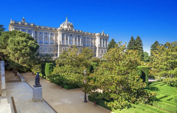 stock image Royal Palace of Madrid view from Sabatini gardens, Sapin