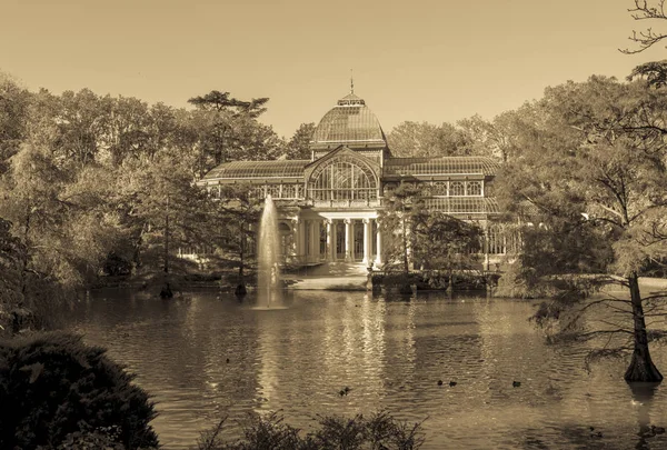 Crystal Palace Retiro Gardens Madrid Spain Retro Istyle Mage — Stock Photo, Image