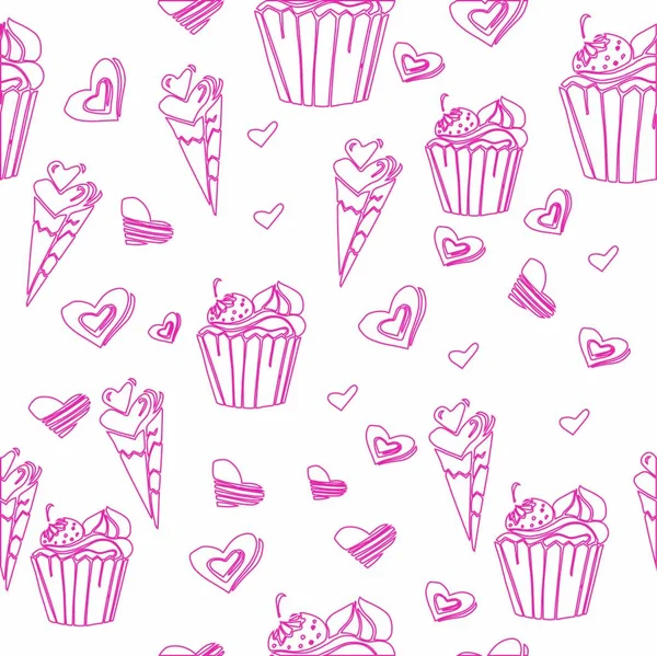 Cute Seamless Pattern Sweet Food Vector Background Hand Drawn Doodle — Stock Vector