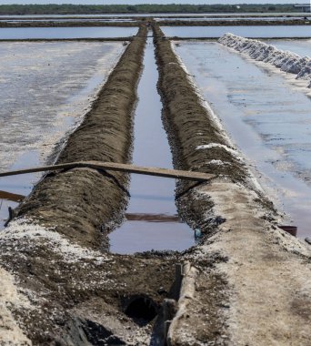 Deniz su buharlaşma içinde ham tuz veya yığın yapmak tuz göletler oluk; gölet, Phetchaburi Eyaleti, Tayland