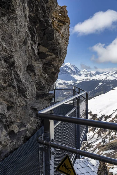 Прогулка Скале Скай Первой Вершине Альп Гриндельвальде Швейцария Металлические Скалы — стоковое фото