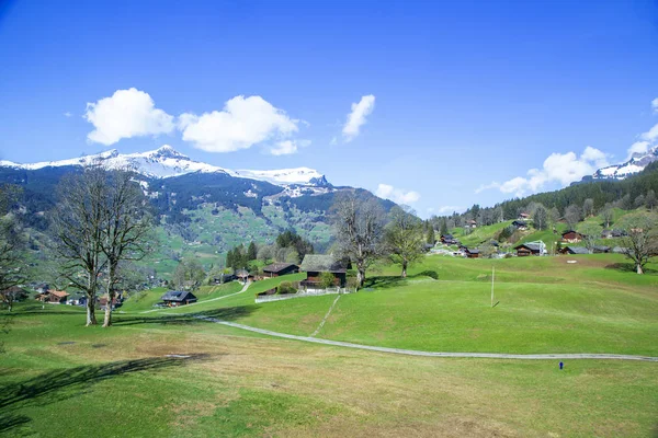 小村庄和山阿尔卑斯的旅馆 格林德沃瑞士 从电缆车采取 — 图库照片