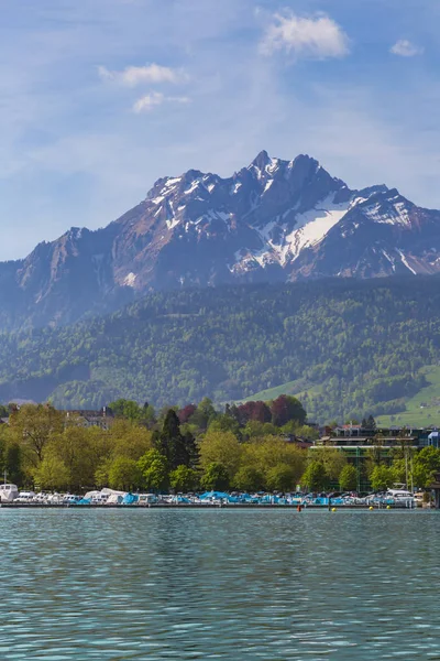 Snow Pilatus Mountain Pine Tree Hotel Lagoon Boats — Stock Photo, Image