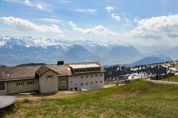 绿色草领域在顶部 Rigi Kulm Luzern 瑞士与阿尔卑斯雪山看法和天空 — 图库照片