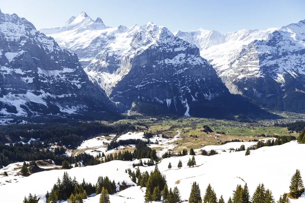 Picos Montaña Alpes Sobre Pequeños Pueblos Tierra Pinos Mirando Desde — Foto de Stock