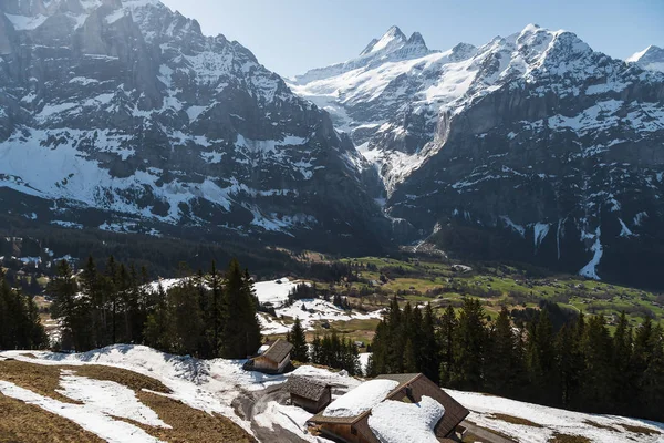 Casas Pequeño Pueblo Los Alpes Montaña Grindelwald Primer Pico Suiza — Foto de Stock