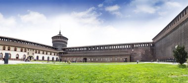 MILAN, ITALY - APRIL 16, 2018: Panorama Sforza Castle (Castello Sforzesco) is a castle in Milan, Italy. It was built in the 15th century by Francesco Sforza, Duke of Milano clipart