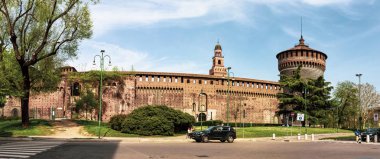 MILAN, ITALY - APRIL 16, 2018: Panorama Sforza Castle (Castello Sforzesco) is a castle in Milan, Italy. It was built in the 15th century by Francesco Sforza, Duke of Milan clipart