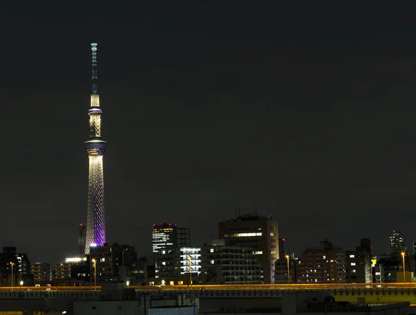Torre de árbol del cielo de Tokio en Janpan en la luz de la noche con brigde y bui —  Fotos de Stock