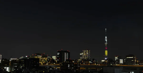 Tokyo skytree tower i Janpan i natt ljus med brigde och bui — Stockfoto