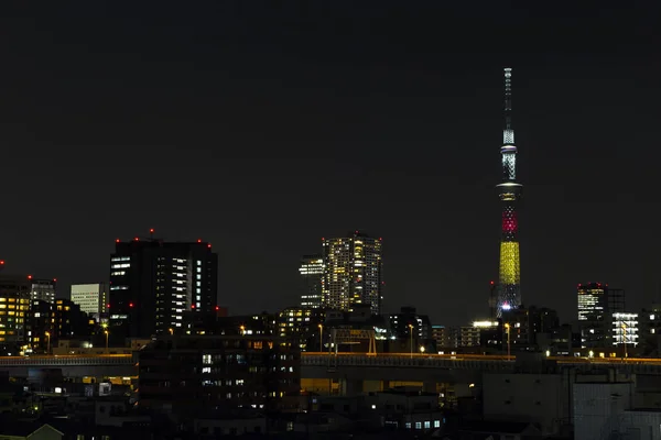 东京天树塔在1月在夜的光与布里格德和 bui — 图库照片