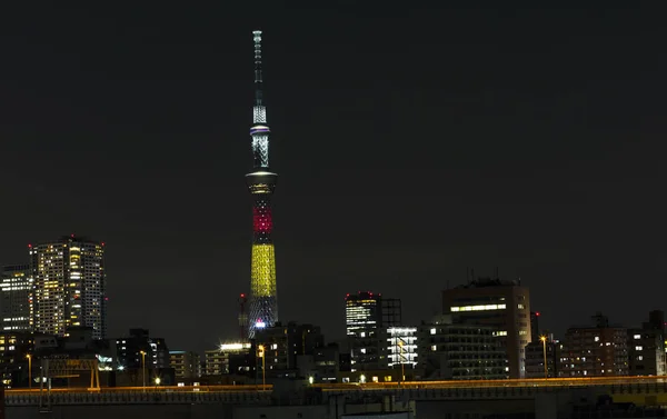 东京天树塔在1月在夜的光与布里格德和 bui — 图库照片