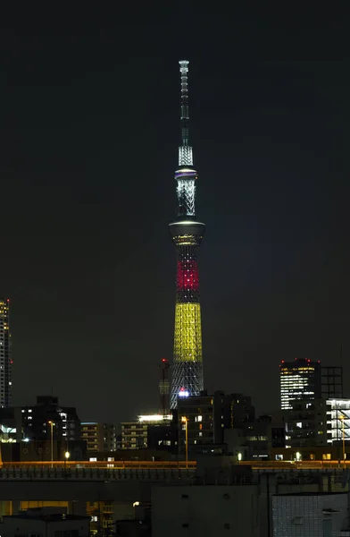 东京天树塔在1月在夜的光与布里格德和 bui — 图库照片