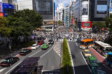 Shibuya, Tokyo, Japonya - 12 Ekim 2016: Shibuya sahne büyük kapış geçiş alanı yukarıdan yaz sezonu