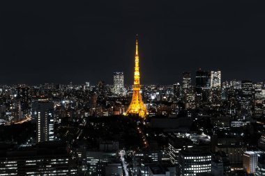 Tokyo, Japonya - Ekim 11:Tokyo şehir manzarası ile Tokyo Kulesi'ne akşam gece, Ekim 11,2016, Tokyo, Japonya. Tokyo Kulesi ile akşam gece Tokyo şehir manzarası