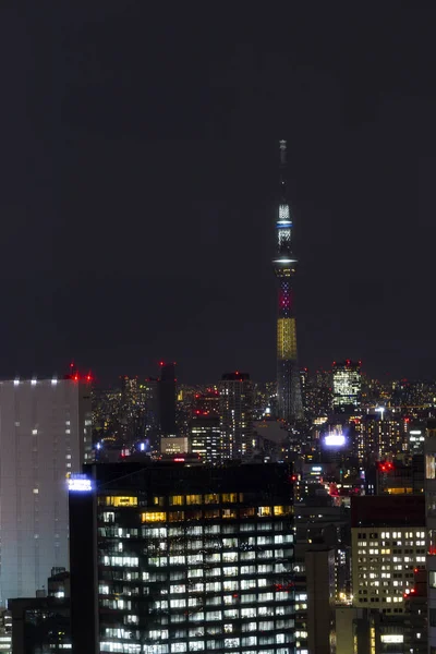 Tokyo Skytree Wieża Japonii Nocy Światła Mostu Budynku — Zdjęcie stockowe
