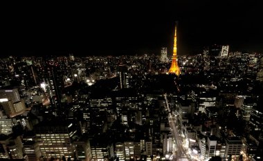 Tokyo, Japonya - Ekim 11:Tokyo şehir manzarası ile Tokyo Kulesi'ne akşam gece, Ekim 11,2016, Tokyo, Japonya. Tokyo Kulesi ile akşam gece Tokyo şehir manzarası