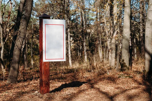 Segno di legno nella foresta. mockup . — Foto Stock