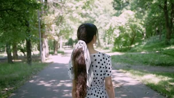 Vista desde la parte posterior de una hermosa mujer joven caminando por el camino en el parque de verano — Vídeos de Stock