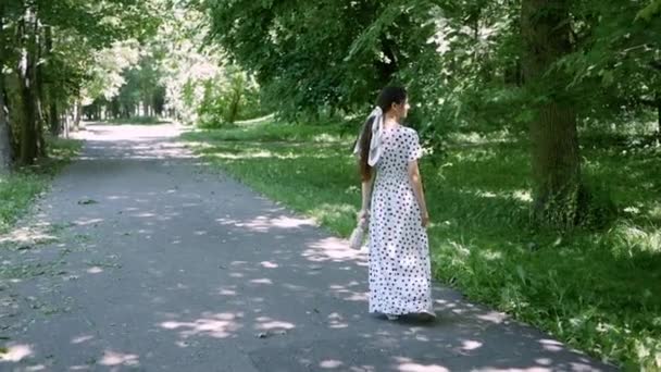 Mujer joven con el pelo largo en vestido camina a lo largo del camino en verano Parque, vista desde atrás — Vídeos de Stock