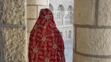 Hint Sarisi. Kırmızı, renkli, şehvetli, düğün ve çok kadınsı elbiseler giymiş bir kadının arkasından Hindistan 'ın eski caddelerinde Hindistan sarisi yürüyor. Hint kadınlarının geleneksel ulusal kıyafetleri