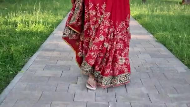 Κοντινό πλάνο των ποδιών της νεαρής γυναίκας σε ινδικό σάρι περπατώντας στο πάρκο — Αρχείο Βίντεο