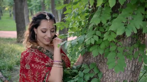 Jovem mulher no índio Sari posando perto de uma árvore no parque — Vídeo de Stock