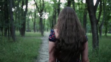 Genç adam ve güzel kadın Park 'ta yaz yürüyüşü, arkadan manzara, Steadicam