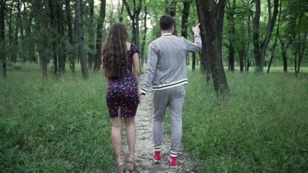 Man och kvinna promenader i parken såg något och peka finger i den riktningen — Stockvideo