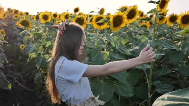 Женщина делает селфи в поле с подсолнухами Девушка фотографируется по телефону — стоковое видео