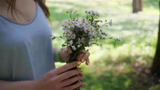Detailní záběr kytice divokých květin ze sedmikrásek v rukou mladé ženy — Stock video