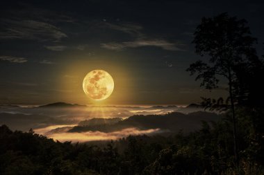 Vadinin ötesinde büyük bir dolunay var. Sis dağı kaplıyor..