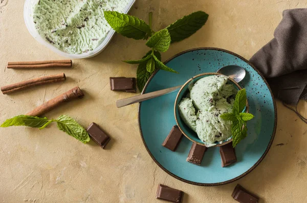 Rustic Table Homemade Mint Chocolate Ice Cream — Stock Photo, Image