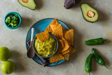 Plaka nachos ile ev yapımı guacamole. Tipik Meksika yemeği fincan