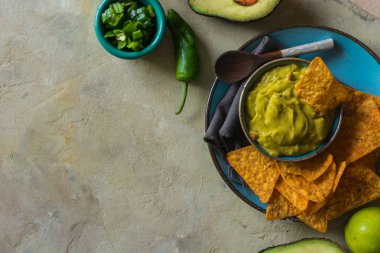 Plaka nachos ile ev yapımı guacamole. Tipik Meksika yemeği fincan