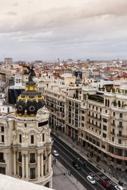 Gran Via'nın panoramik havadan görünümü, Madrid, İspanya'nın başkenti, Eur