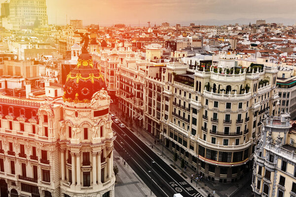 Panoramic aerial view of Gran Via, main shopping street in Madrid, capital of Spain, Europe