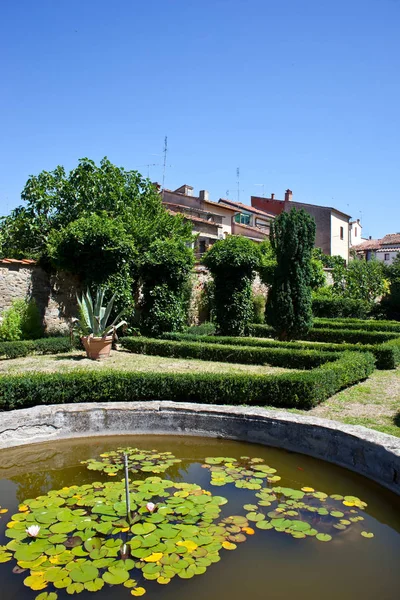 Old retro architecture with green trees