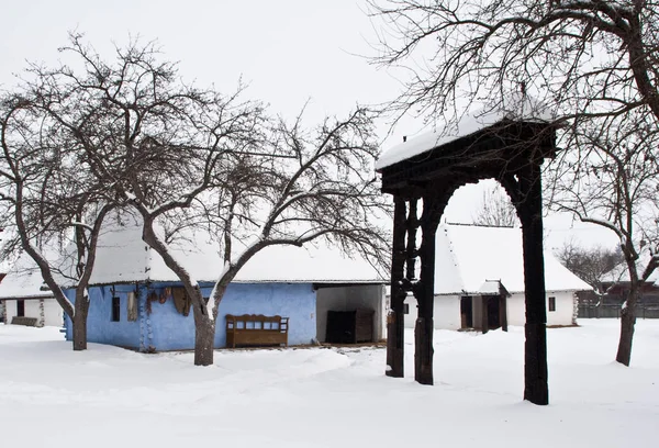 Snowy Dom Drzew Jasne Zimowe Niebo — Zdjęcie stockowe