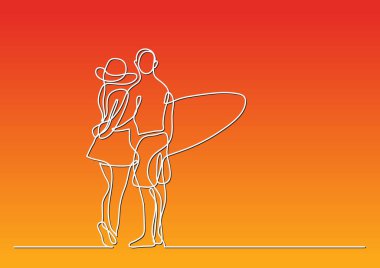 Genç çift duran surfboard ile plajda bir çizgi çizme