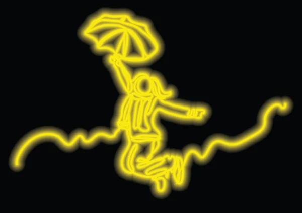 Durchgehende Linienzeichnung Einer Springenden Frau Mit Regenschirm Mit Neon Effekt — Stockvektor
