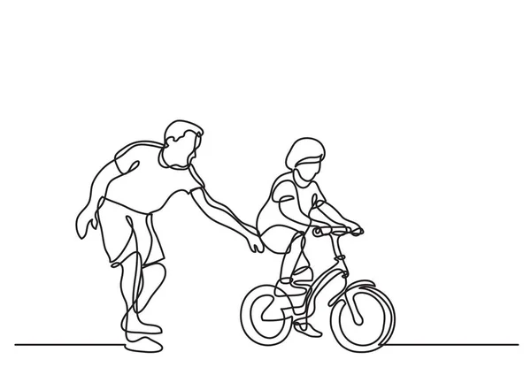 One Line Drawing Father Helping Child Drive Bicycle — Stock Vector