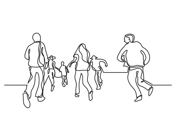 Una Línea Dibujo Gente Feliz Saltando — Archivo Imágenes Vectoriales