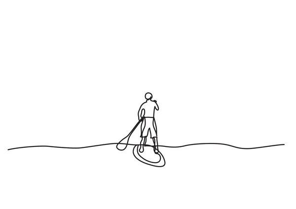 水の上を漕ぐ男の つの線の描画 — ストックベクタ