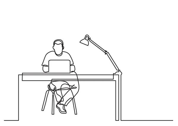 One Line Drawing Man Working Laptop Computer Desk — Stock Vector