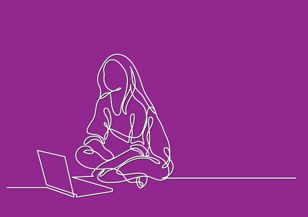 Dizüstü Bilgisayar Ile Oturan Bir Kadının Bir Çizgi Çizme — Stok Vektör