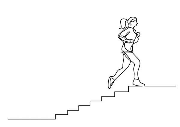 Dibujo Una Línea Mujer Corriendo Las Escaleras — Vector de stock